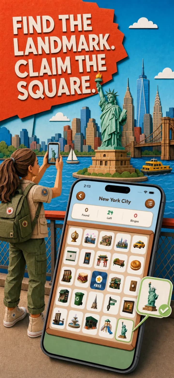 Vision Bingo New York City game board and Statue of Liberty challenge